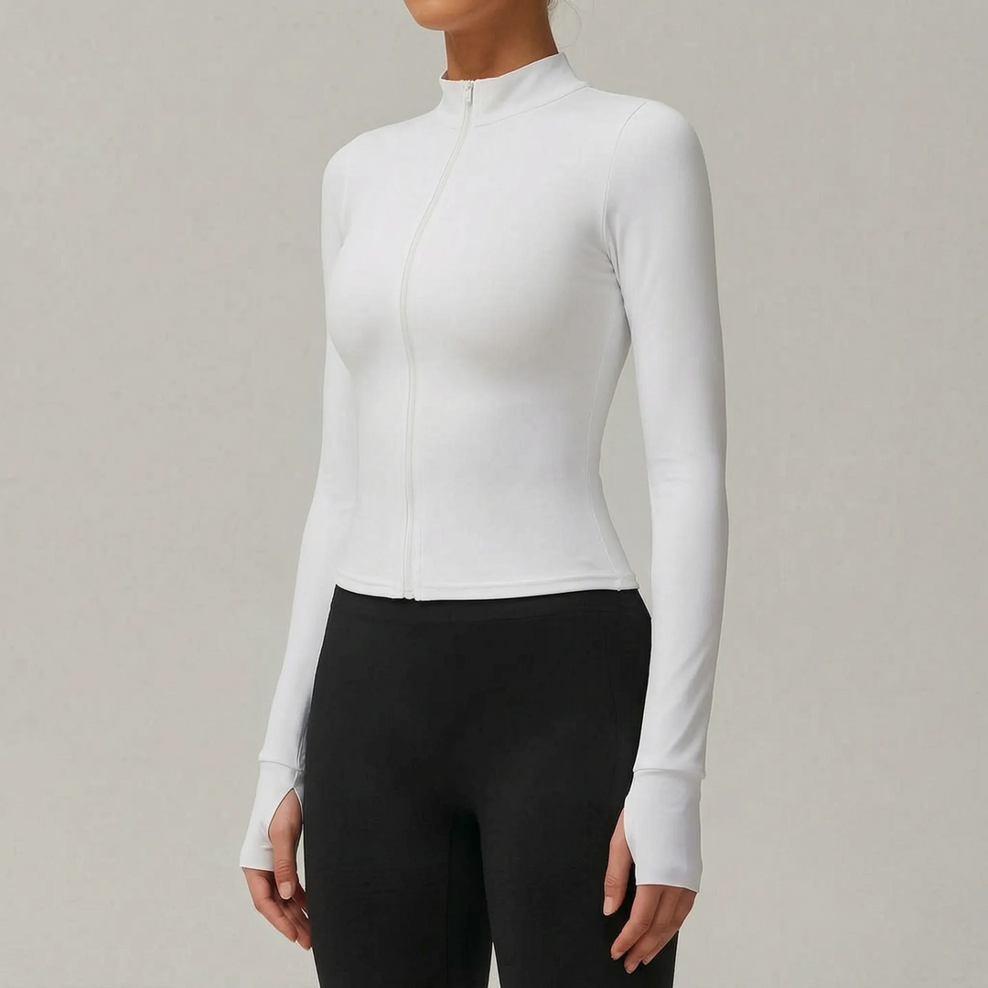 Durable women's slim-fit running jacket, designed for freedom of movement during active sports.