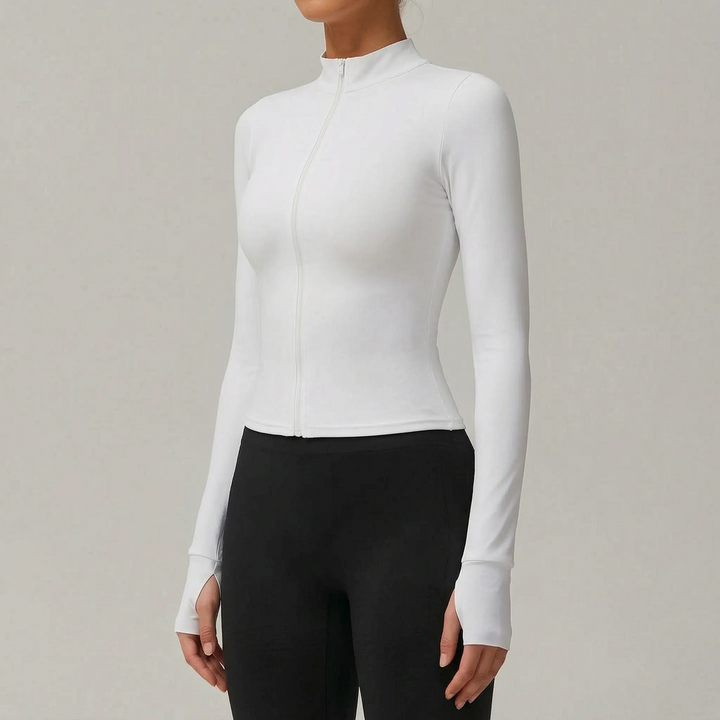 Durable women's slim-fit running jacket, designed for freedom of movement during active sports.