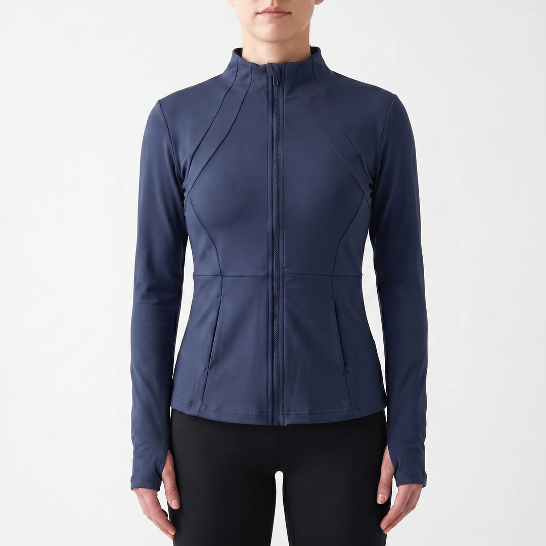 Slim-fit women's running jacket in vibrant blue for enhanced performance and outdoor workouts.
