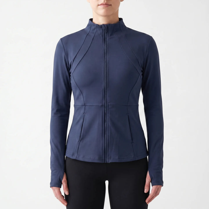Slim-fit women's running jacket in vibrant blue for enhanced performance and outdoor workouts.