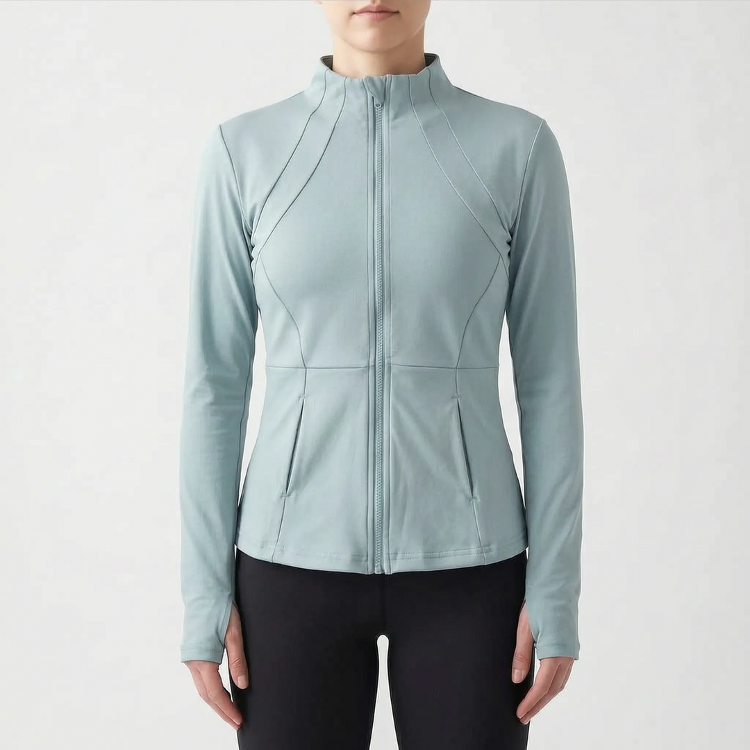 Versatile women's workout jacket, slim-fit, great for gym, running, and daily activewear needs.