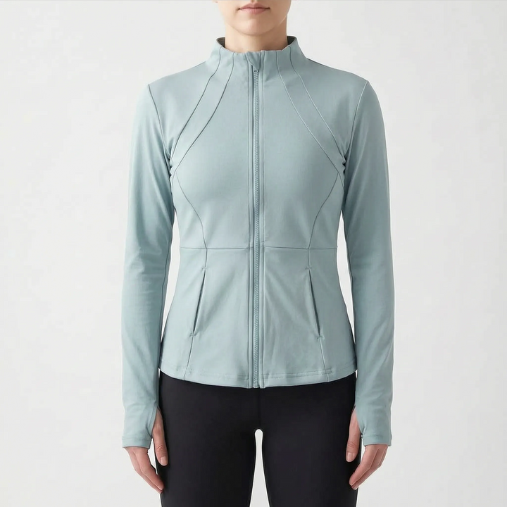 Versatile women's workout jacket, slim-fit, great for gym, running, and daily activewear needs.