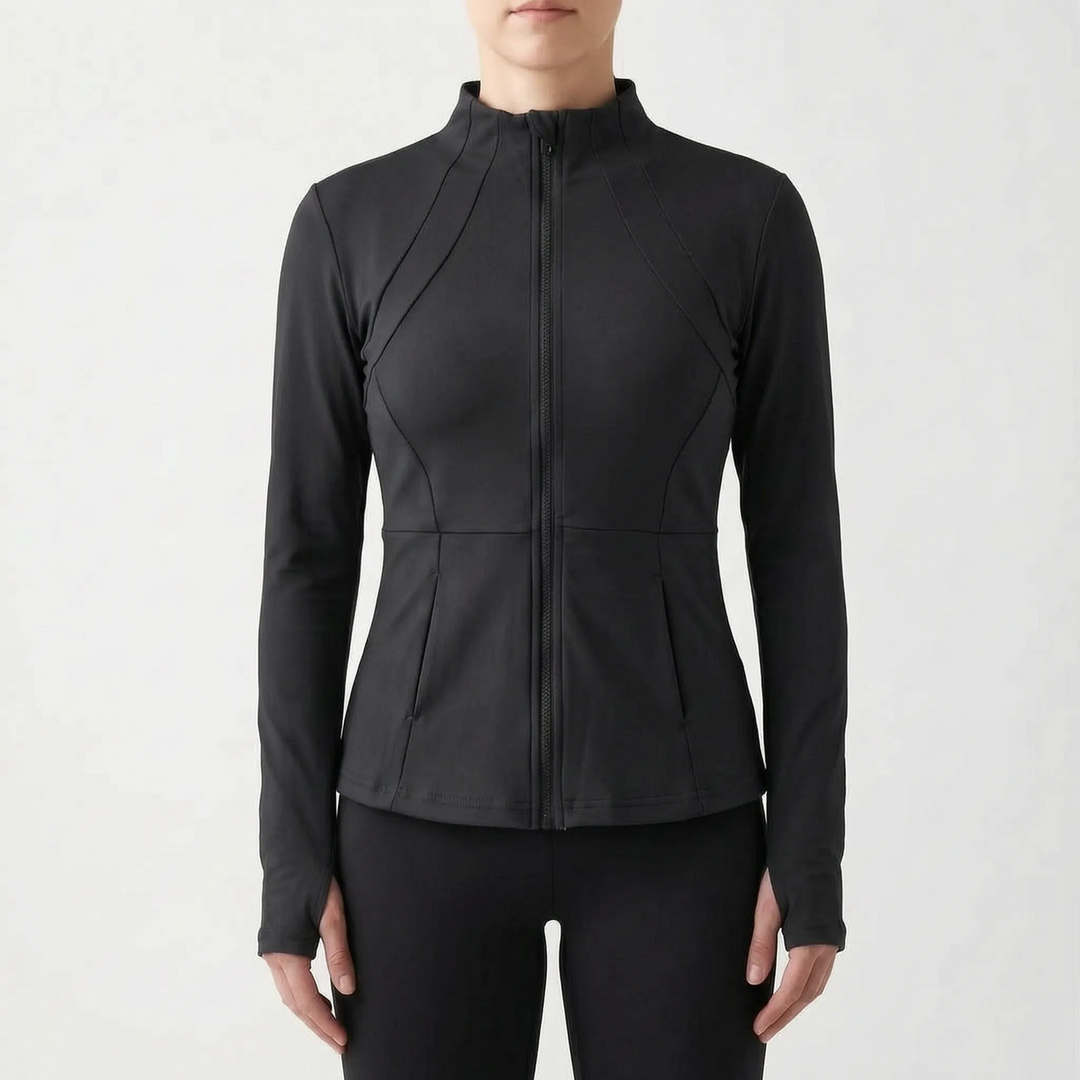 Full body view of a woman wearing a slim-fit activewear jacket, perfect for gym and athletic performance.