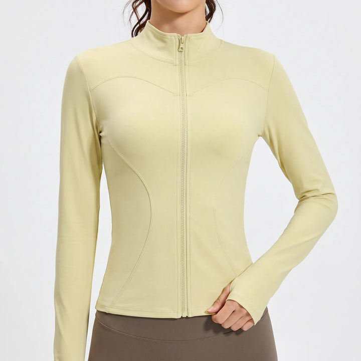 Stylish women's activewear jacket, slim-fit for running, yoga, and general gym fitness. Comfort & performance.