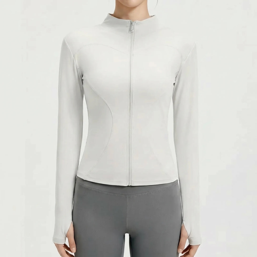 Front view of a women's slim-fit athletic running jacket with full zipper, perfect for yoga & gym fitness.