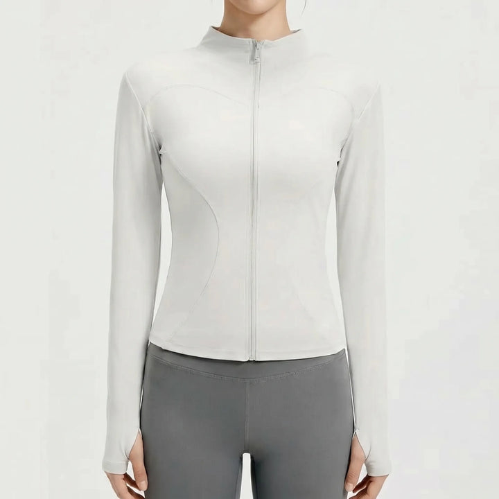 Front view of a women's slim-fit athletic running jacket with full zipper, perfect for yoga & gym fitness.