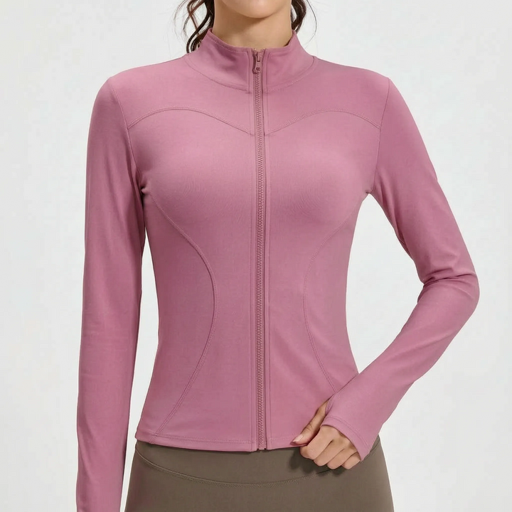 Lightweight women's slim-fit activewear jacket for comfortable running, yoga, and fitness in all seasons.