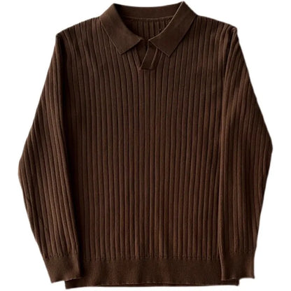 Brown ribbed V-neck long sleeve polo shirt for women, a comfortable and versatile fall essential.