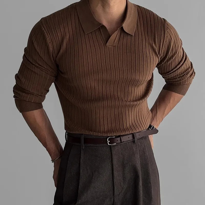 Stylish black women's long sleeve V-neck ribbed polo, a slim fit casual & elegant winter top.