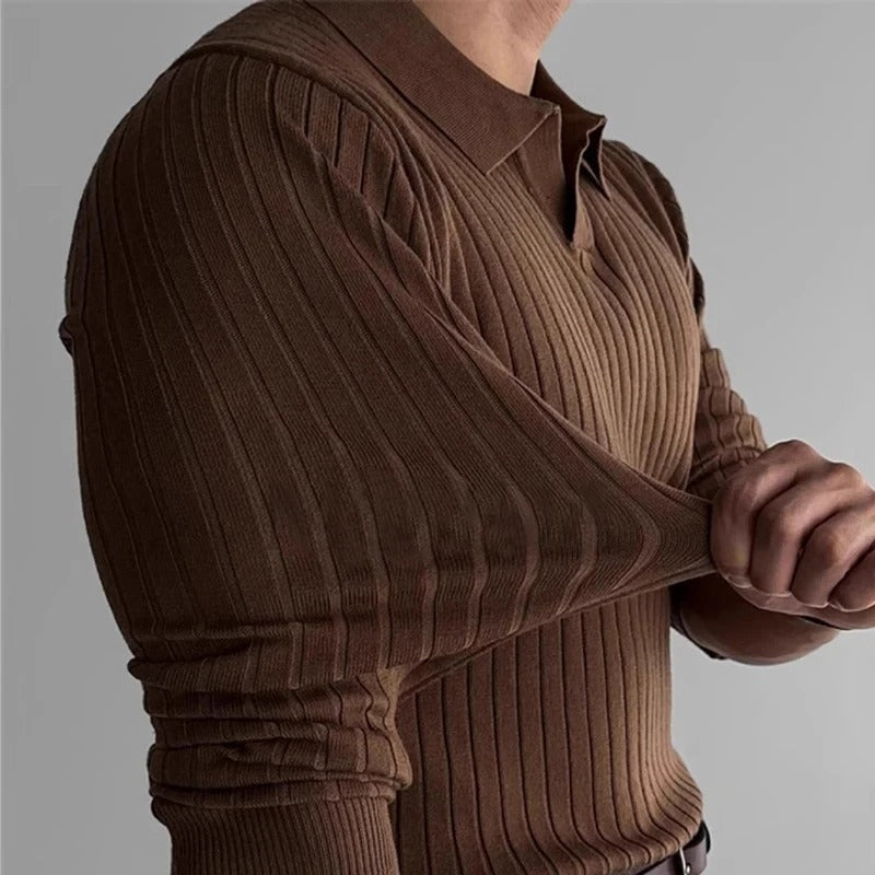 Comfortable brown women's ribbed V-neck long sleeve top, a versatile piece for fall fashion.