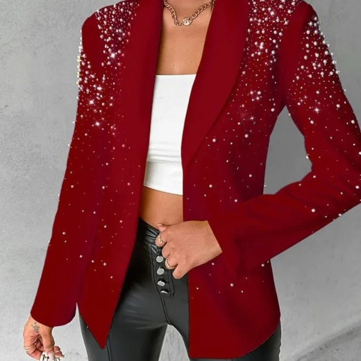 Elegant ladies' slim fit blazer with sophisticated pearl embellishments, ideal for office attire or special occasions.