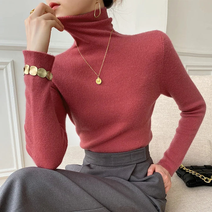 Comfortable women's slim fit turtleneck sweater, perfect layering top for elegant casual fall and winter outfits.