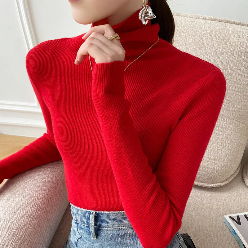 Stylish women's slim fit turtleneck sweater, a must-have for winter fashion and cozy fall layering outfits.