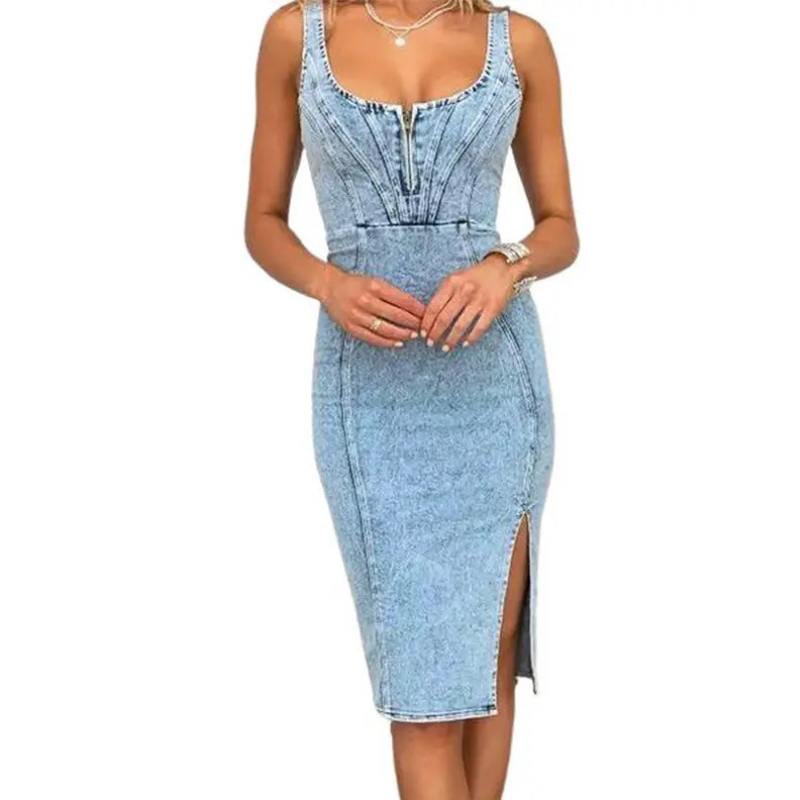 Elegant women's slim-fit midi dress with a high side slit, offering a sophisticated and modern style for any occasion.