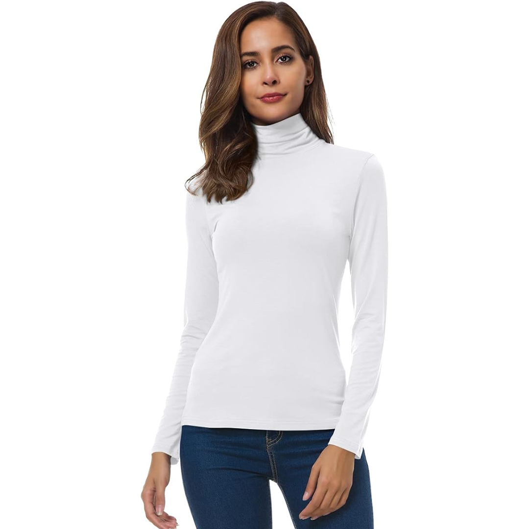 Versatile women's slim fit turtleneck long sleeve for elegant everyday layering. Fall/winter fashion.