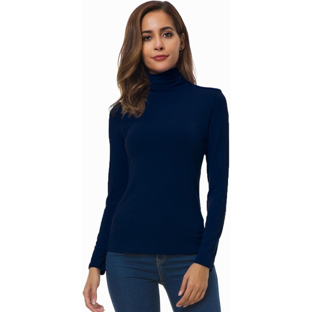 Chic women's slim fit turtleneck top. Long sleeve, versatile for elegant or casual fall layering.