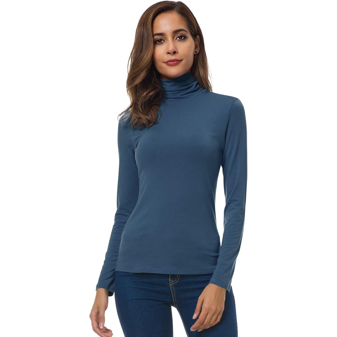 Women's slim fit long sleeve turtleneck. Versatile layering top for elegant casual wear.