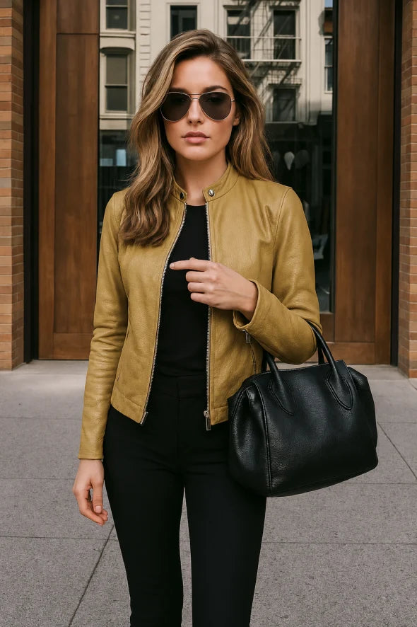 Slim fit women's casual zip-up jacket, long sleeve design with a modern mandarin collar for everyday.