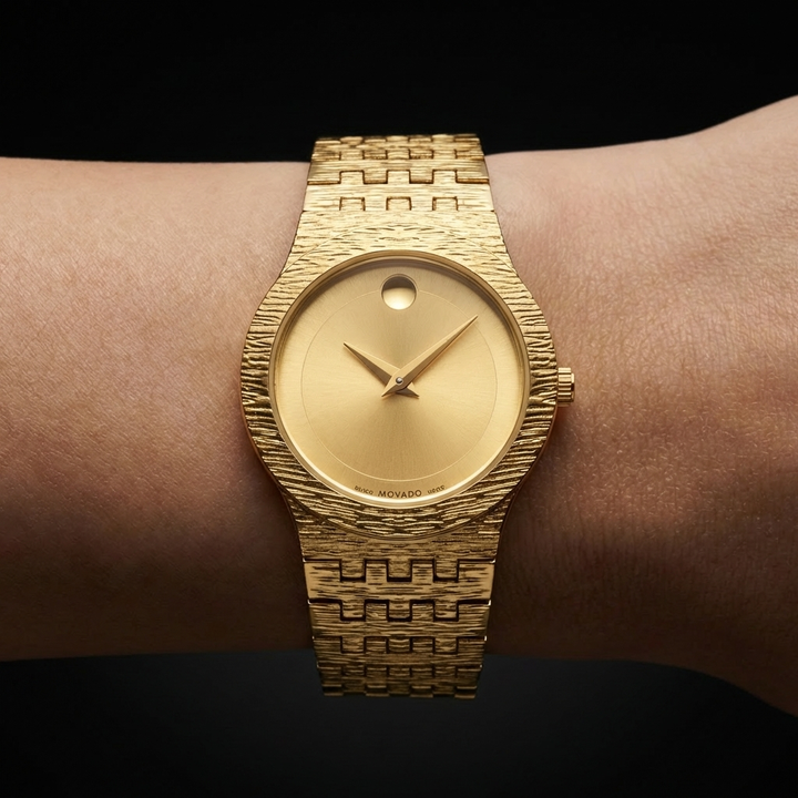 Close-up of Women's Slim Seraphine minimalist gold wrist watch dial. Elegant, delicate & chic fashion accessory.