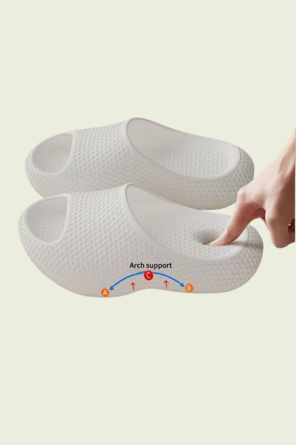 Cushioned women's slip-on slippers with ergonomic arch support, providing daily comfort.