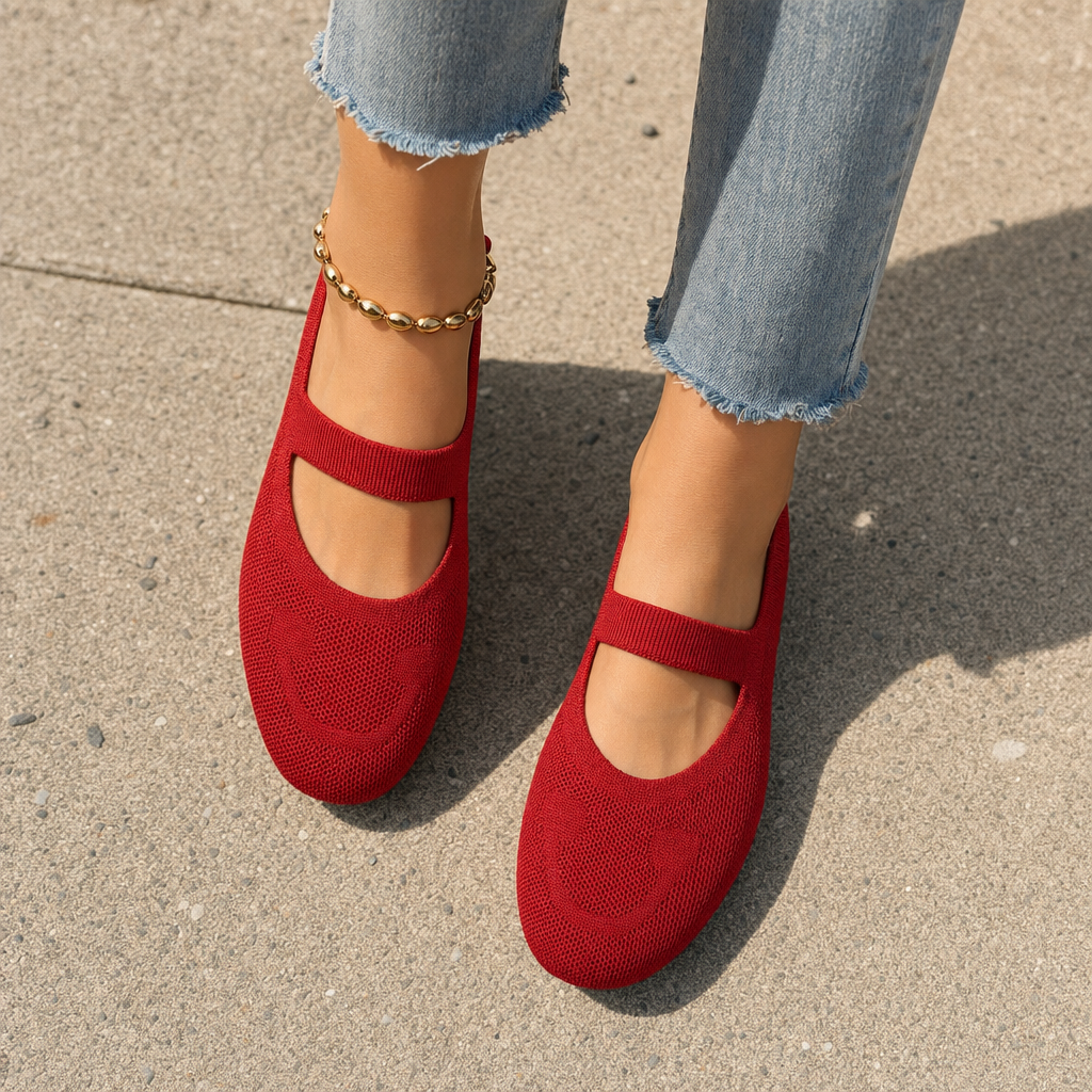 Cute women's ballet flats with smiling face design. Playful & comfortable Mary Jane style, perfect for casual everyday wear.