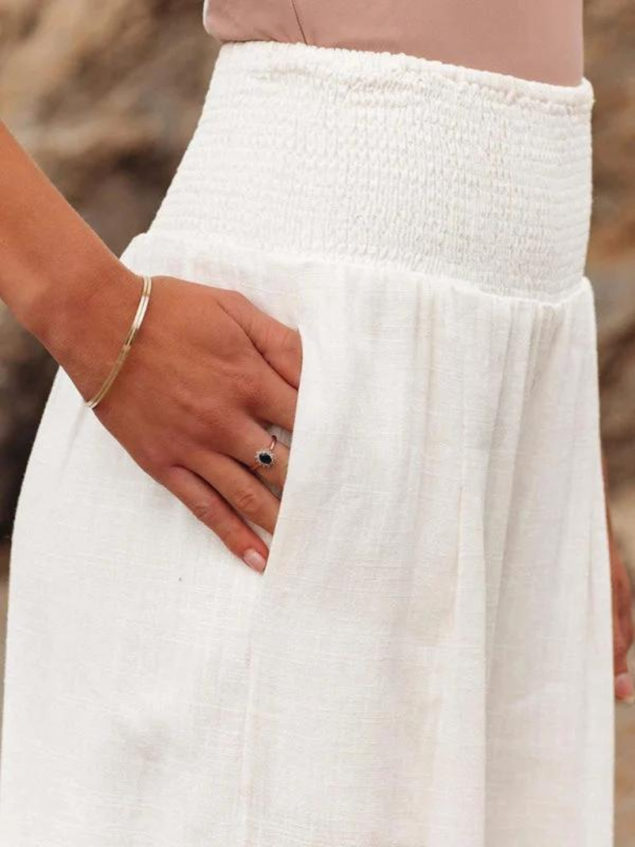 Stylish women's wide leg pants featuring a smocked high waist and comfortable loose fit for summer.