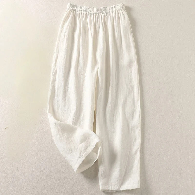Sofia women's wide leg vacation pants. Breathable loose fit with elastic high waist, perfect for resort comfort.