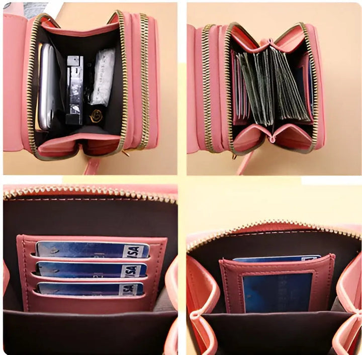 Adjustable strap detail on a comfortable women's soft leather anti-theft shoulder bag.
