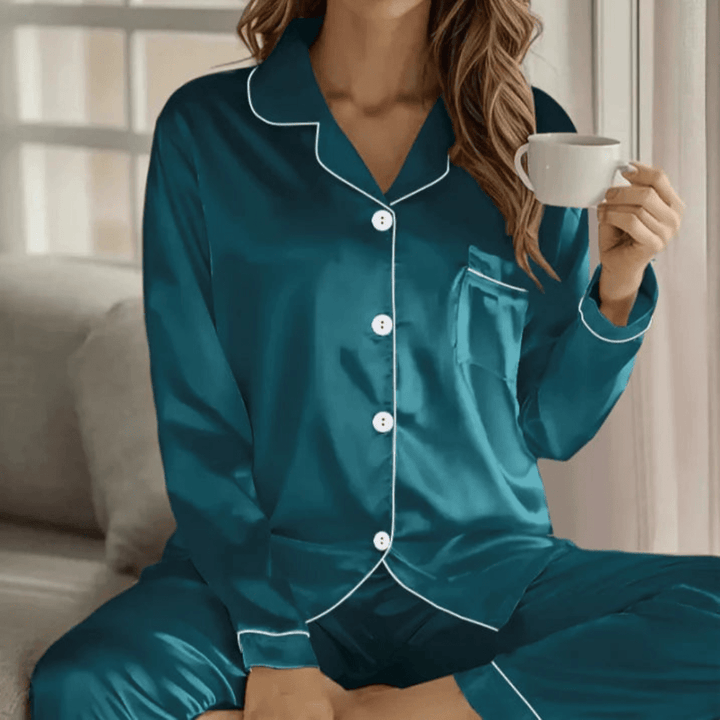 Women's soft, breathable button-front pajama set.
