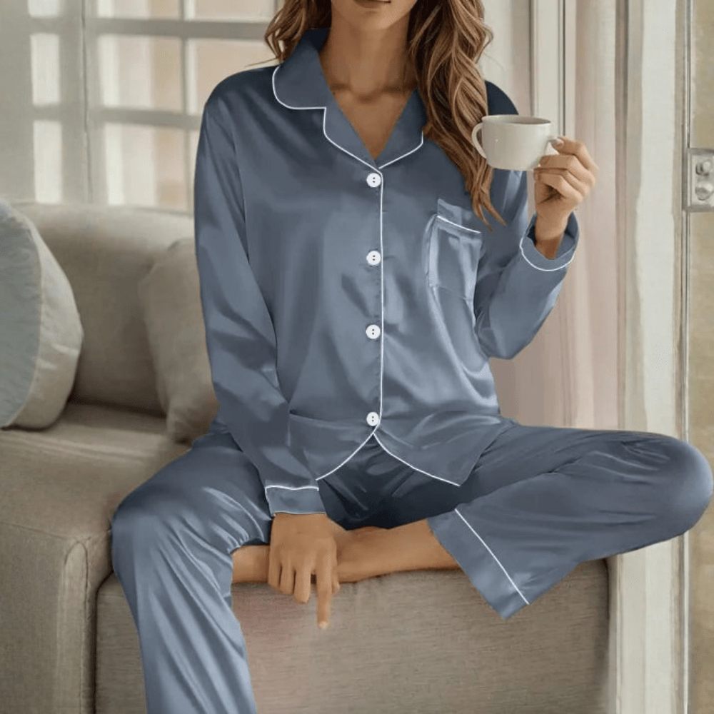 Women's button-front pajama set, designed for comfortable sleep and relaxation.