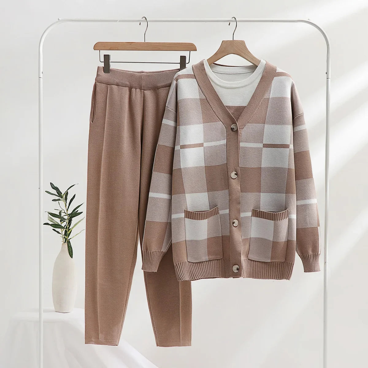Matching women's soft knit 3-piece set, ideal for a casual, comfortable everyday outfit or relaxed travel wear.