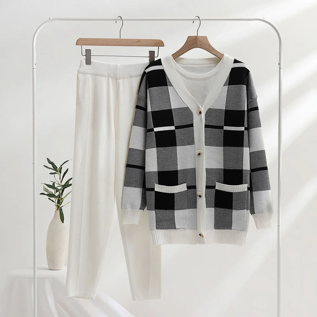 Cozy women's plaid soft-knit 3-piece set. Relaxed fit loungewear perfect for casual comfort & stylish everyday wear.