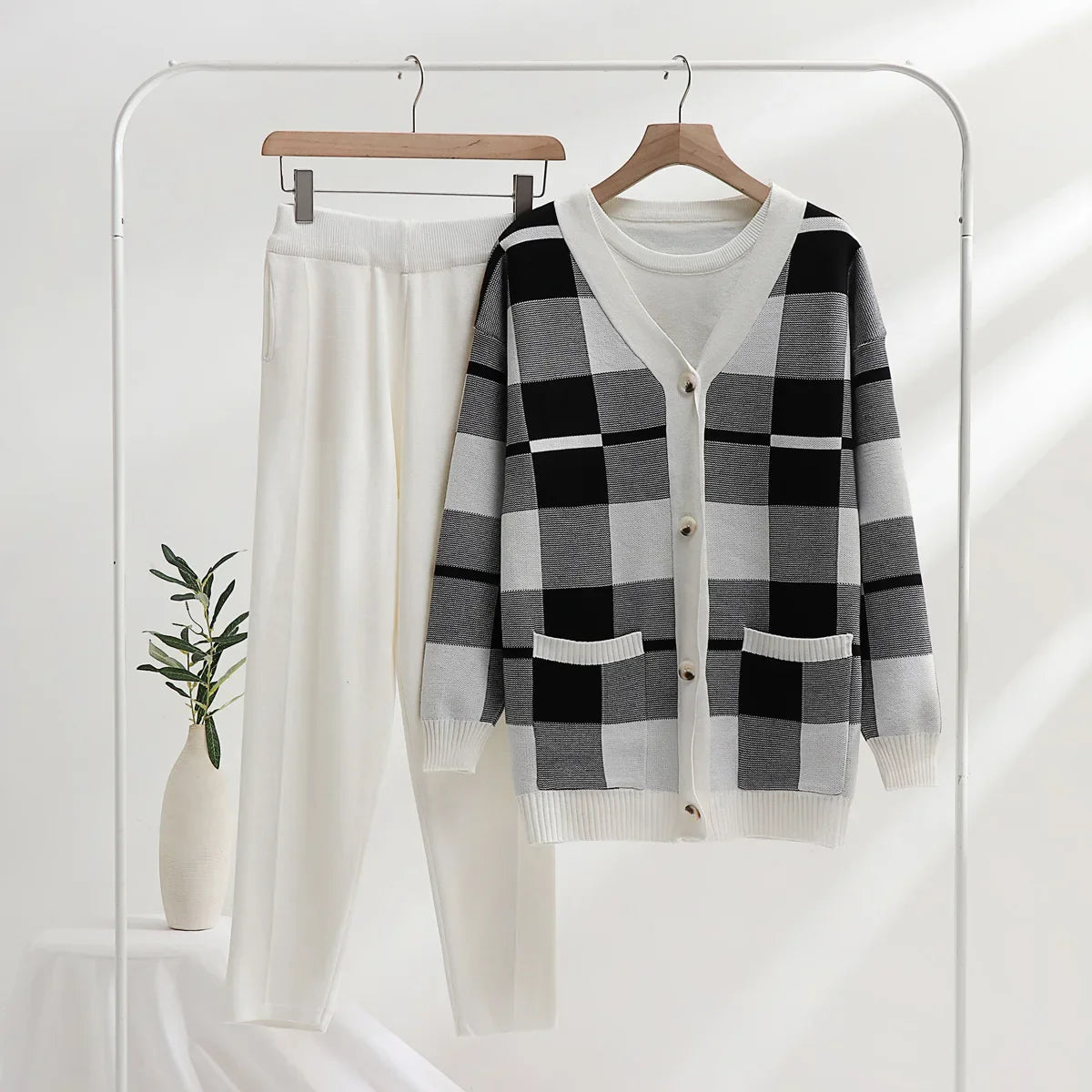 Cozy women's plaid soft-knit 3-piece set. Relaxed fit loungewear perfect for casual comfort & stylish everyday wear.