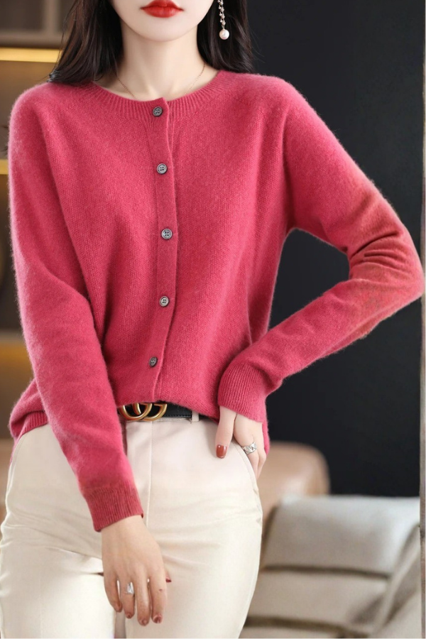 Women's soft knit long button-front cardigan in a versatile color, perfect for layering and everyday style.