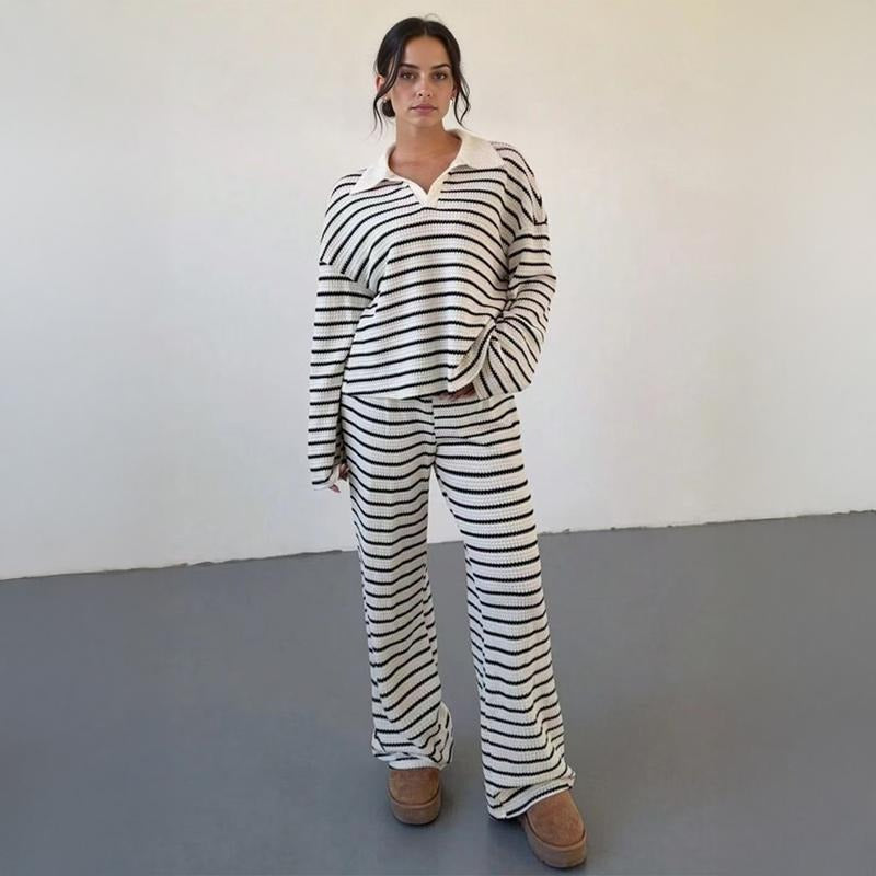 Women's soft knit striped lounge set, a cozy two-piece loungewear outfit for ultimate comfort and casual style.