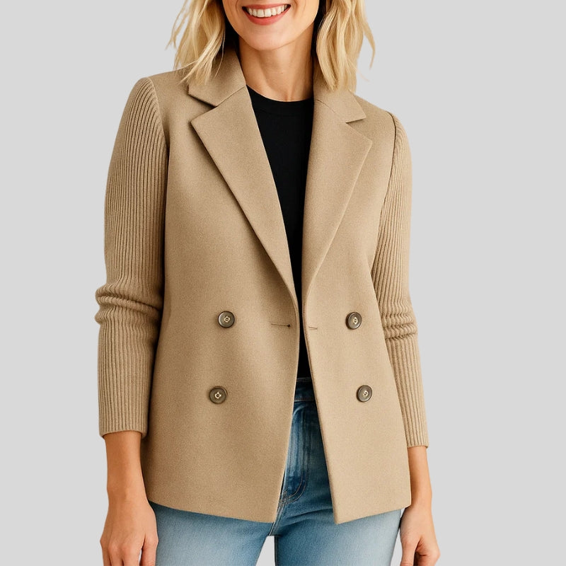 Chic women's knit sweater blazer for office wear or casual layering; soft, structured comfort.