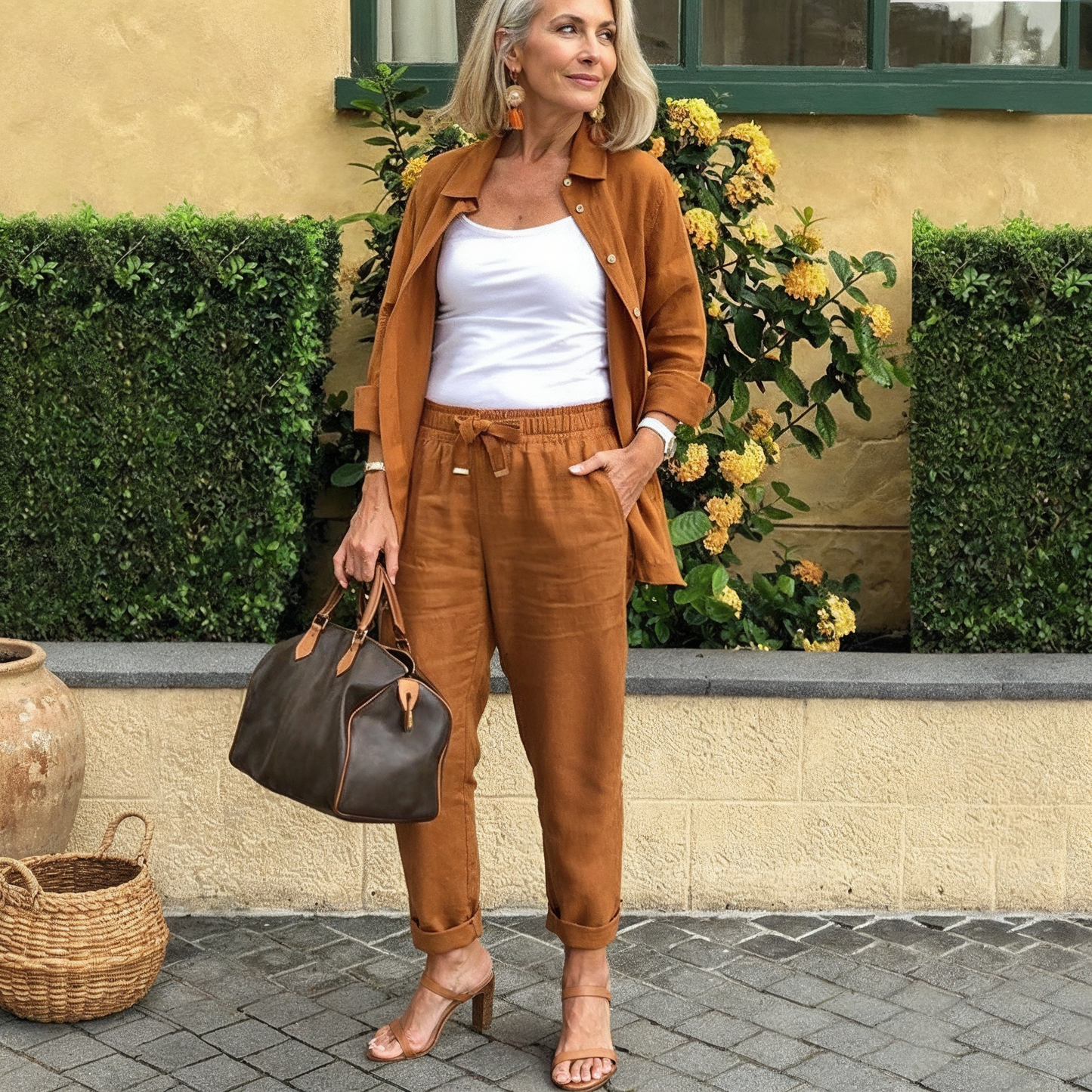 Relaxed fit women's two-piece lounge set, soft cotton-linen for ultimate comfort, perfect for home wear.