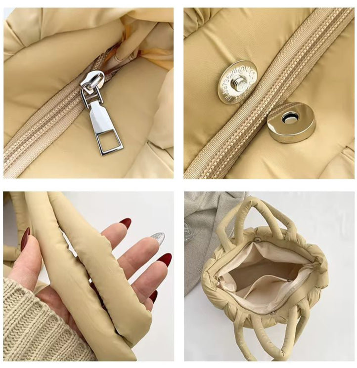 Versatile women's puffer tote bag, padded design. Great as a handbag, shoulder bag, or travel tote.