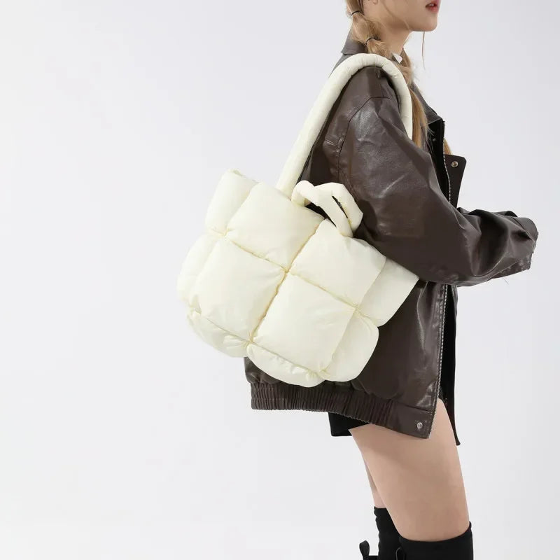 Chic women's soft padded puffer tote bag. Spacious & stylish shoulder handbag, perfect for fashion.
