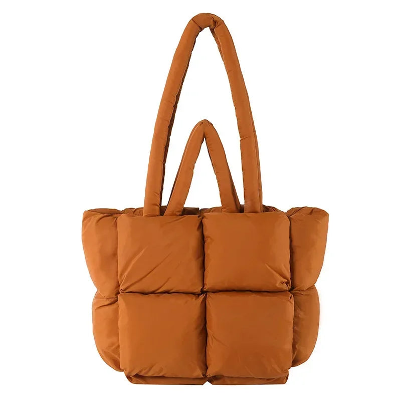 Lightweight women's puffer tote bag, soft padded shoulder handbag. Perfect for daily essentials & travel.