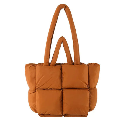 Lightweight women's puffer tote bag, soft padded shoulder handbag. Perfect for daily essentials & travel.