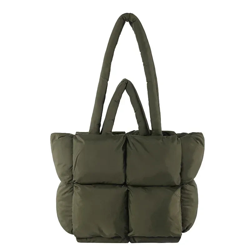 Plush women's padded tote bag, soft puffer texture. Comfortable & spacious shoulder handbag for daily use.