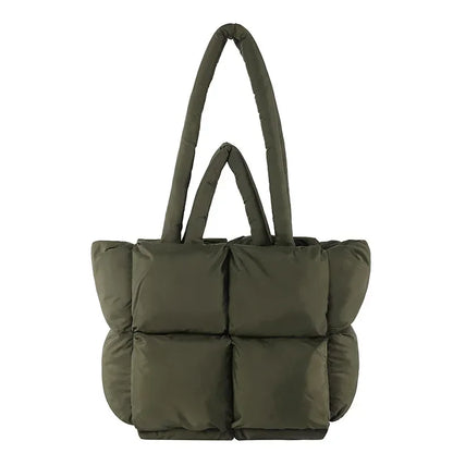 Plush women's padded tote bag, soft puffer texture. Comfortable & spacious shoulder handbag for daily use.