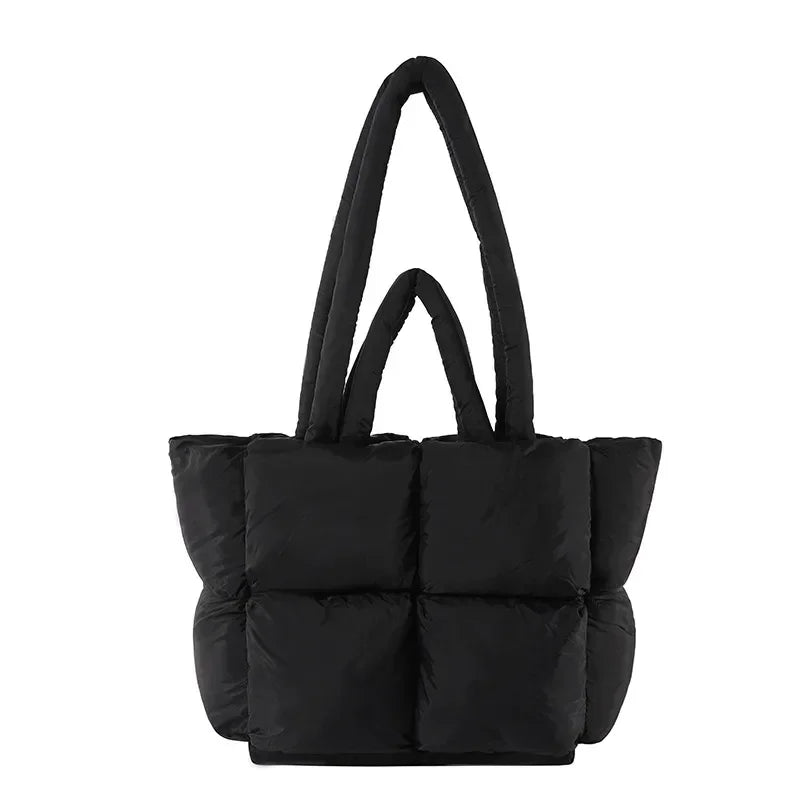 Women's soft puffer tote bag, padded shoulder handbag. Stylish & spacious fashion accessory for women.