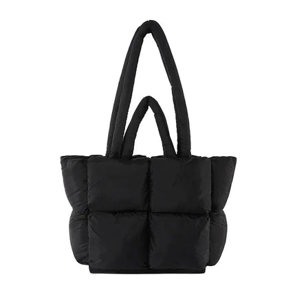 Women's soft puffer tote bag, padded shoulder handbag. Stylish & spacious fashion accessory for women.