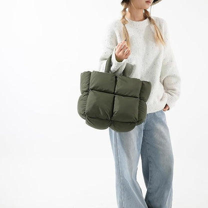 Vibrant women's padded puffer tote bag, soft everyday shoulder bag. A versatile & colorful accessory.
