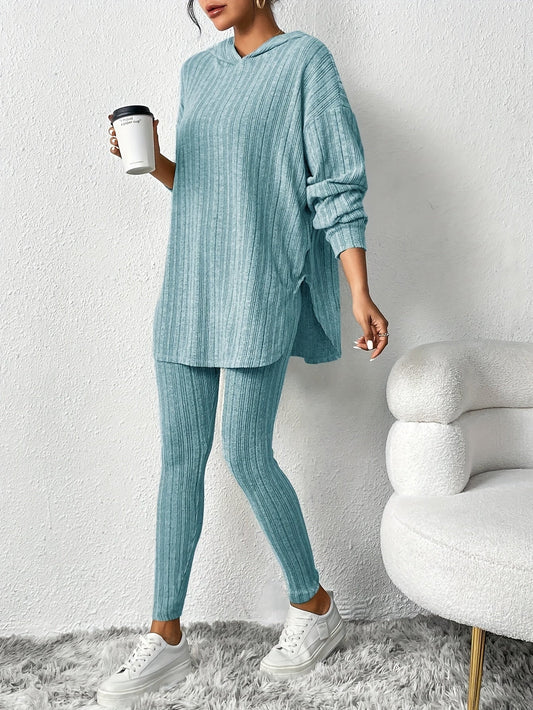 Women's soft ribbed knit lounge set, a comfortable two-piece featuring a cozy hoodie and matching leggings.