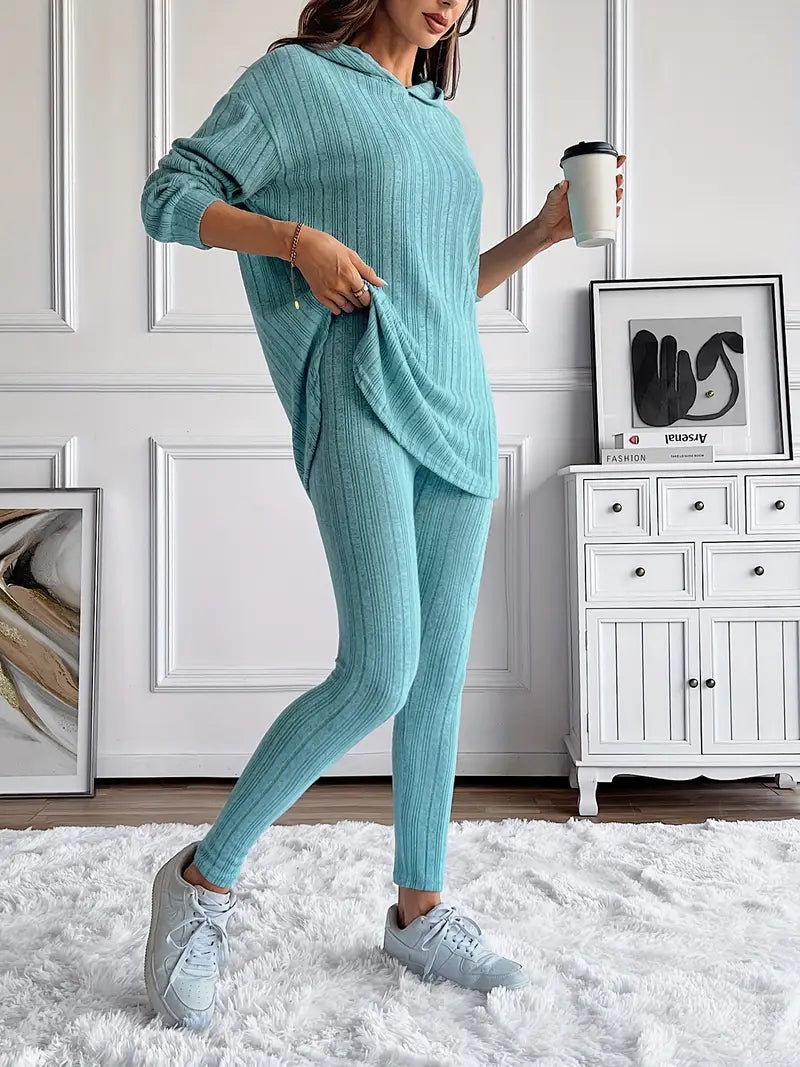 Stylish women's ribbed knit hoodie from a lounge set, perfect for soft athleisure and home wear.