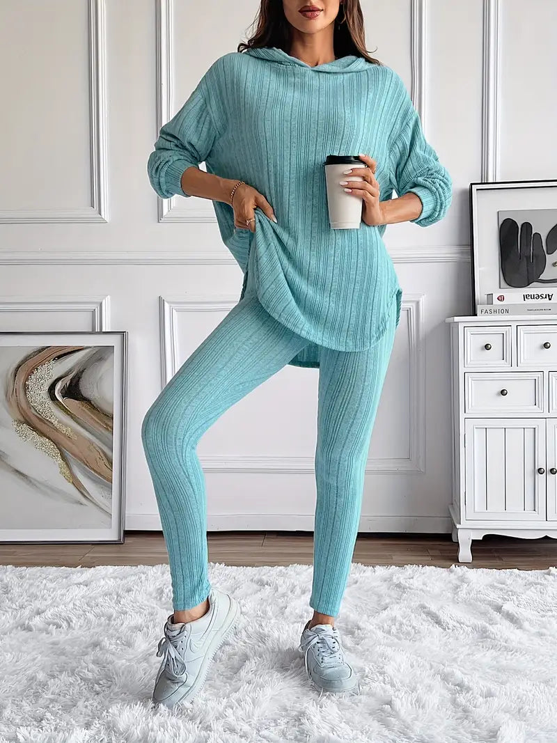 Comfortable women's ribbed knit leggings, ideal for a casual two-piece lounge set or soft wear.