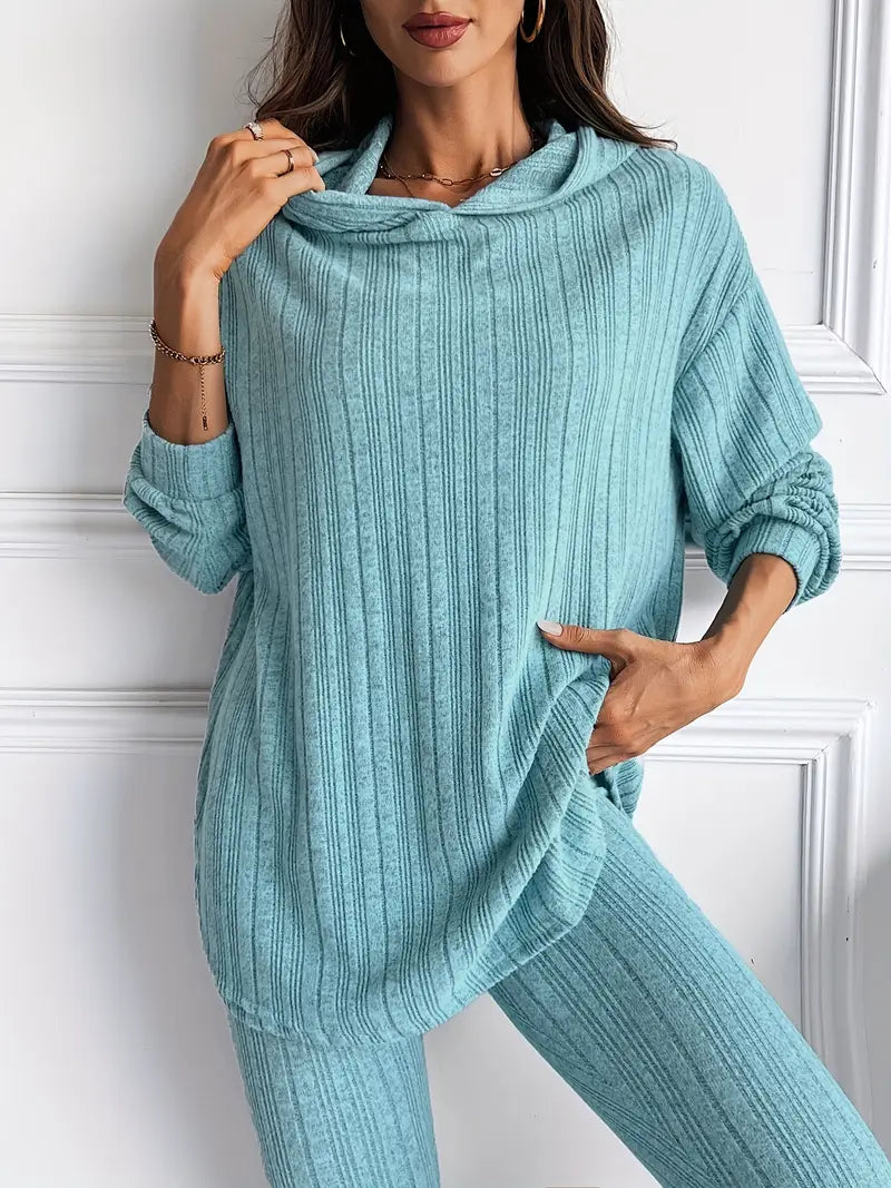 Close-up of the ribbed knit texture on a women's lounge set, showcasing soft, comfortable fabric.